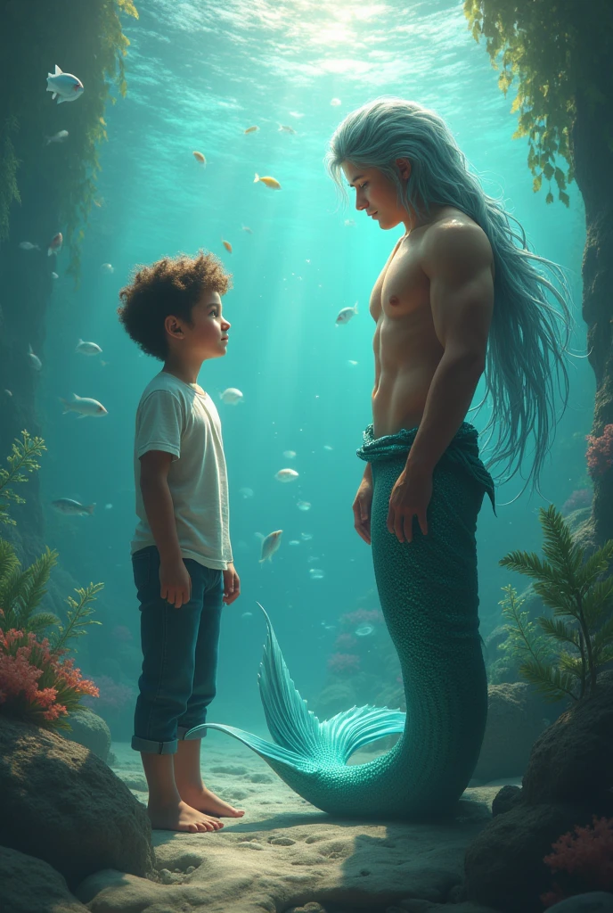 A boy & a magical fish turned into a handsome men & beautiful mermaid.