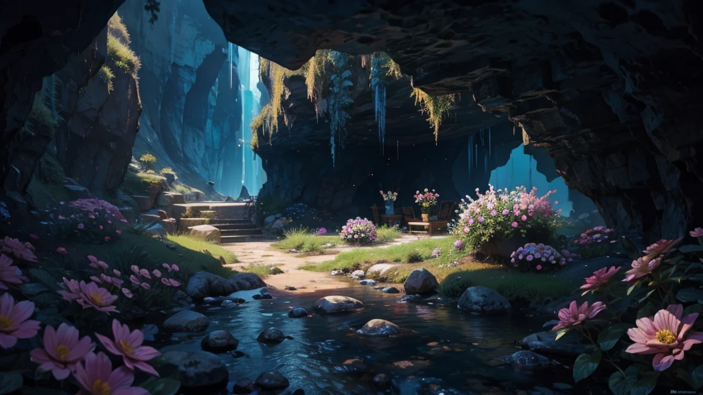 (masterpiece)),((Highest quality)),((High Detail)),nobody, background, cave, crystal, Mysterious flower, Cave, stalagmites