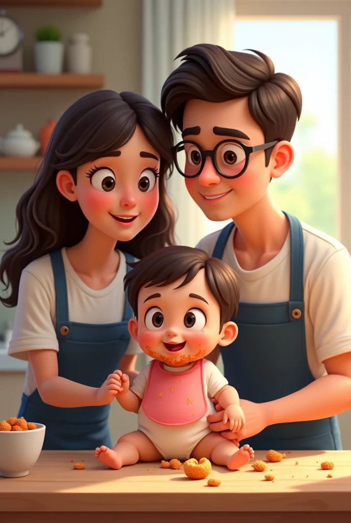 animated mom with a dark brown wavy hair and a dad with glasses, both wearing a plain white shirt and dark blue apron is admiring and looking at their baby with a dark brown hair wearing a white shirt and a pink drool bib getting messy while eating and exploring the foods sitting in a brown high chair