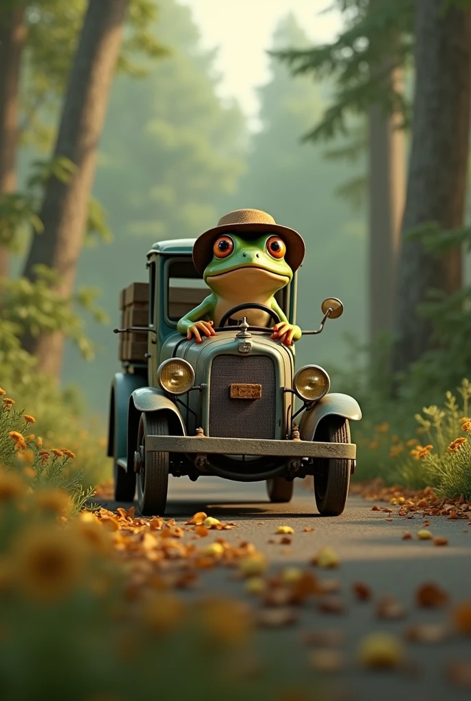 Retro Images,Storytelling,Tree frog,Ultra-realistic,high resolution,A frog is driving a truck,Wearing a hat
