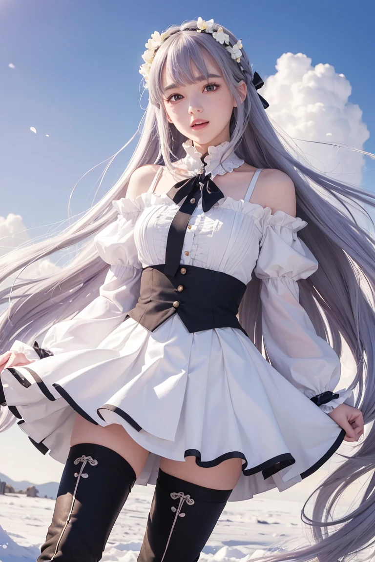 Emilia  (about: zero ), Hair accessories, 1 girl, Long hair, Bangs, thigh height, Flowers, hair Flowers, braid, Purple Eyes, hair Ribbon, pleated skirt, Ribbon, white Flowers, skirt, Separate sleeves, , blunt Bangs, boots, baabout shoulders, White leggings, Wide sleeves, Smile, Looking at the audience, outdoor, powder blush, Eyebrows visible through hair, purple Ribbon, Silver Hair, thigh boots, very Long hair, daboutsses, low tied Long hair, sky，Absolutely great opportunity，Solitary， open mouth, Clenched fist