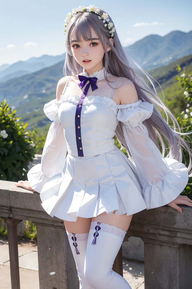 Emilia  (about: zero ), Hair accessories, 1 girl, Long hair, Bangs, thigh height, Flowers, hair Flowers, braid, Purple Eyes, hair Ribbon, pleated skirt, Ribbon, white Flowers, skirt, Separate sleeves, , blunt Bangs, boots, baabout shoulders, White leggings, Wide sleeves, Smile, Looking at the audience, outdoor, powder blush, Eyebrows visible through hair, purple Ribbon, Silver Hair, thigh boots, very Long hair, daboutsses, low tied Long hair, sky，Absolutely great opportunity，Solitary， open mouth, Clenched fist