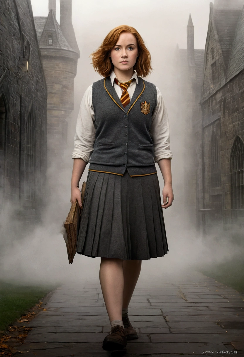 An illustrated movie poster, hand-drawn, full color, a female Hogwarts student, 1, wearing a charcoal vest and a pleated skirt, toned, amazonian stature, athletic hourglass figure, full wide hips, massive round butt, long shapely legs, ridiculously thick powerful thighs, light hazel eyes, deep dark auburn hair, short shaggy bob cut, flushed sun-kissed complexion, freckles, resembles Genevieve O'Reilly, standing in a foggy Hogwarts courtyard, surrounded by mist, graphite shading, stencil marks, airbrushed acrylic paint, masterpiece, in the Deathly Hallows