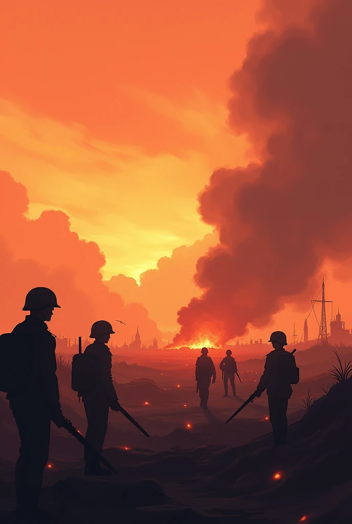 Make an anime image of a WWII battlefield, with military in the background and the sky with orange clouds due to the war, blurred art style