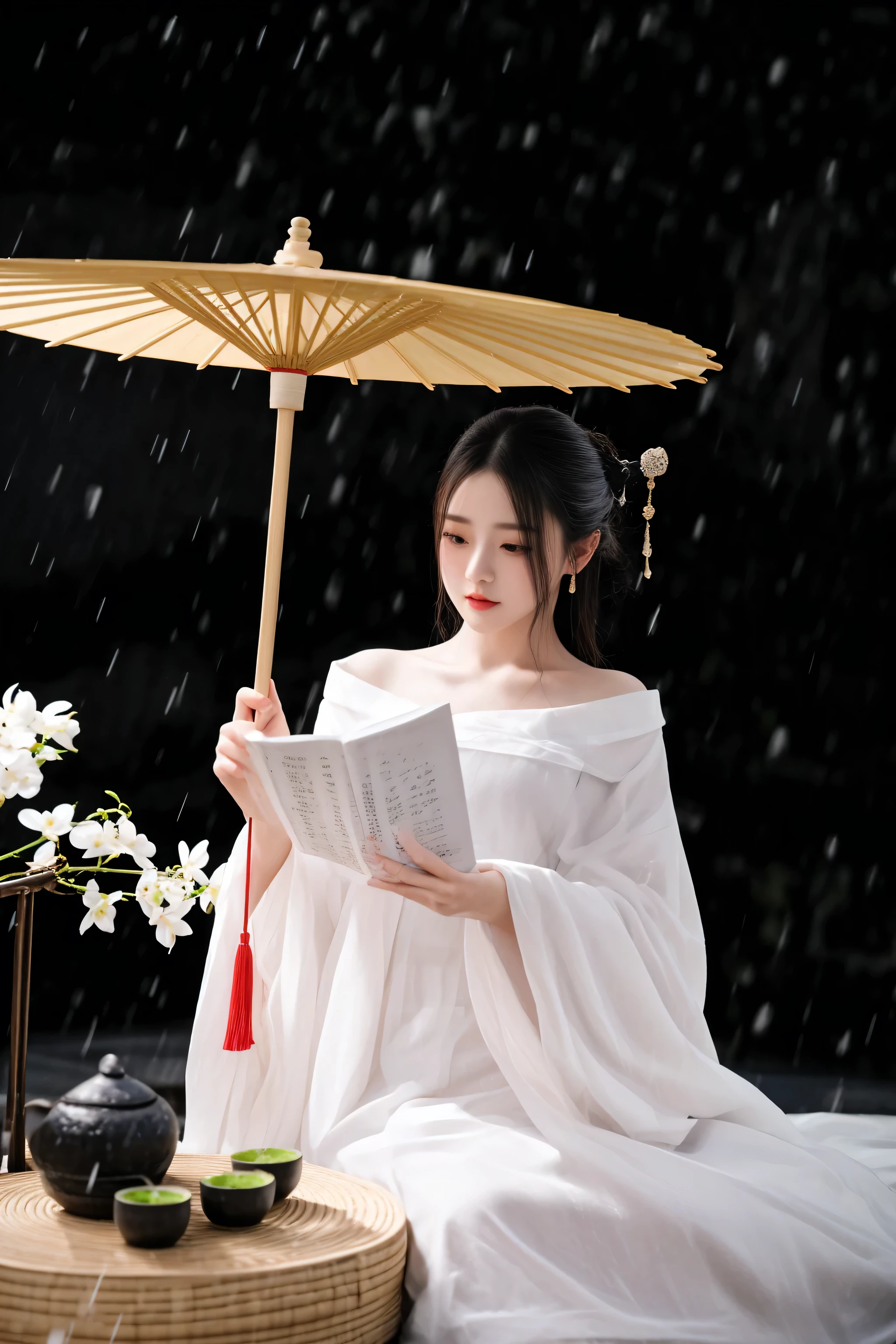 woman in white dress reading a book under an umbrella in the rain, white hanfu, palace , a girl in hanfu, hanfu, flowing white robes, wearing ancient chinese clothes, long flowing white robe, inspired by Tang Yin, traditional chinese clothing, with acient chinese clothes, inspired by Emperor Huizong of Song, chinese costume, chinese fantasy