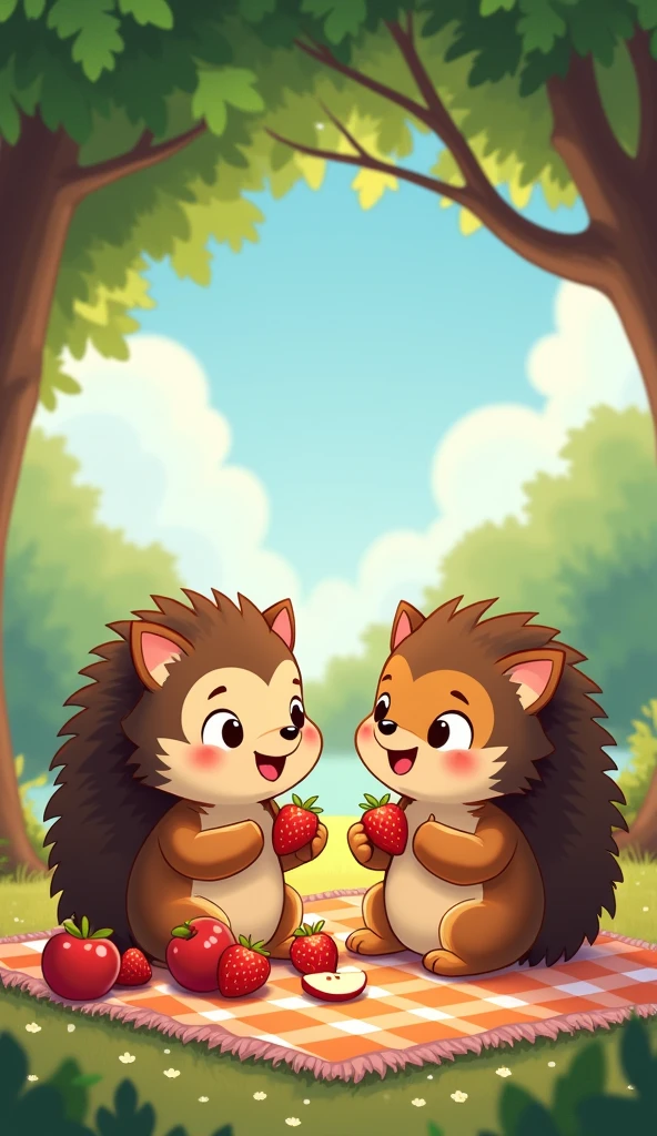 Pico the hedgehog、I decided to enjoy a picnic outside with Momo.。The two、On a picnic blanket under the shade of a tree、They share strawberries and apple slices, Pico's favorite snacks.。Pico and Momo are full of smiles、Enjoying tasty snacks and laughing together、Have a heartwarming time。
