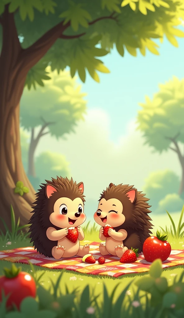 Pico the hedgehog、I decided to enjoy a picnic outside with Momo.。The two、On a picnic blanket under the shade of a tree、They share strawberries and apple slices, Pico's favorite snacks.。Pico and Momo are full of smiles、Enjoying tasty snacks and laughing together、Have a heartwarming time。