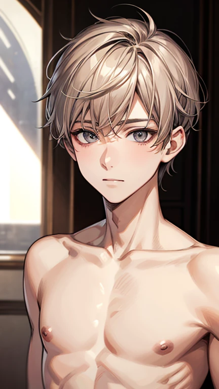 Highest quality、Realistic、zoom、male、、cute、Grey Eyes、Light brown hair、Naked upper body、short hair、White briefs、Protruding penis、thin、stare、living、Bust Shot