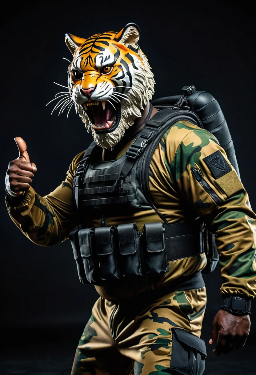 (a dark-skinned bearded fat muscular old man in a skintight army camouflage zipper diver suit) carrying an AK-47, (wearing a small-sized realistic roaring tiger mask), dynamic action pose, fierce expression, showcasing an imposing stature, surrounded by military elements, dramatic shadows and intense highlights, cinematic color tones, high detail, powerful, art influenced by Bruce Onobrakpeya and Stanley Artgerm, ultra-detailed, best quality image, action-packed atmosphere. thumbs up pose