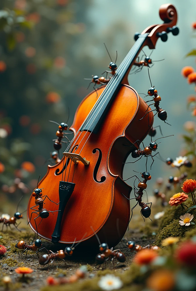 a herd of ants playing a large cello, microscopic world,highly detailed, photorealistic, beautiful lighting, intricate texture, cinematic angle, dramatic composition, vibrant colors, fantasy, surreal