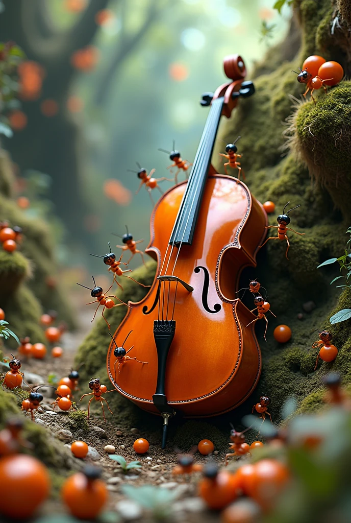 a herd of ants playing a large cello, microscopic world,highly detailed, photorealistic, beautiful lighting, intricate texture, cinematic angle, dramatic composition, vibrant colors, fantasy, surreal