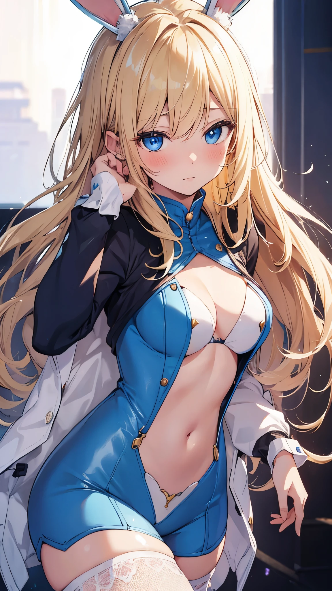 One person, High resolution, Blushing, Blonde, Very long hair, Highest quality, Very detailed, Bunny ears, blue eyes, awkward, Bunny Suit、