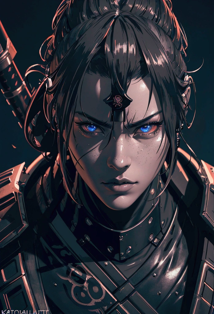 a modern cyberpunk samurai, detailed realistic portrait, samurai armor, holding katana sword, looking towards a futuristic cyberpunk city, dark and gritty atmosphere, neon lights, moody lighting, strong chiaroscuro, detailed facial features, penetrating gaze, determined expression, beautiful detailed eyes, beautiful detailed lips, extremely detailed face and eyes, long eyelashes, dynamic pose, action scene, dramatic lighting, muted color palette, high contrast, cinematic composition, hyper-detailed, award winning digital art, masterpiece, (best quality, 4k, 8k, highres, masterpiece:1.2), ultra-detailed, (realistic, photorealistic, photo-realistic:1.37), cinematic lighting, dramatic shadows, vibrant colors, intricate details, striking composition