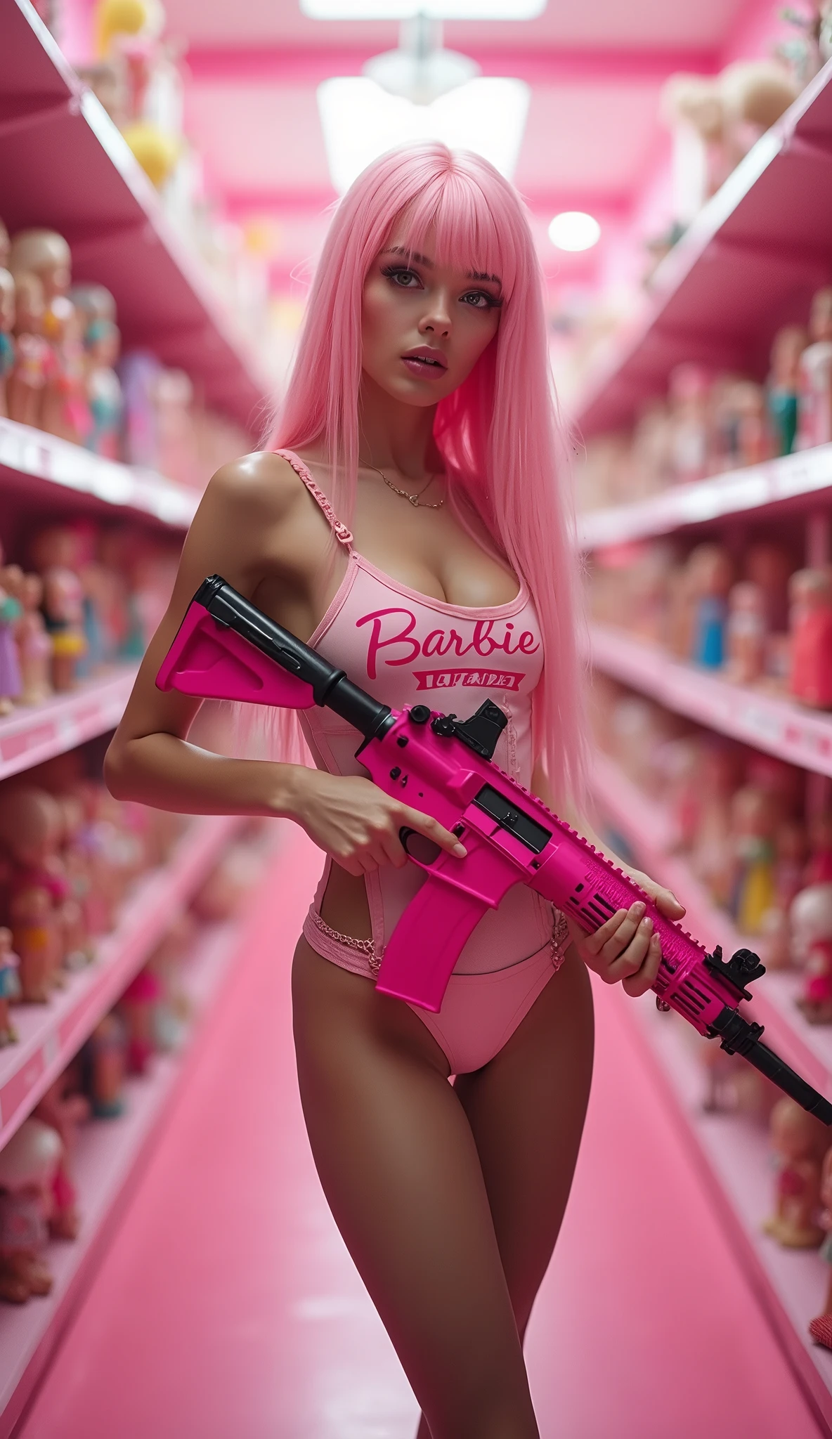tockings), 2# croped picture, perfect picture, stunning, in a pink toy store with lots of toys and Barbiedolls in the background, barbie dolls in the room, colors White Pink Gold, Extreme anorexic skinny russian photomodel ,((Dasha Taran)), with skinny anorexic slim long legs with gap between legs, (super long skinny legs: 1.8), (skinny anorexic body: 1.7), super long messy pink_hair, (Pink Hair) seductive cute sexy face, looking very young cute, (black slave choker), (( she is shooting an PINK AR15 weapon:1.8)) , ( Pink AR-15 carbine:1.8), (Pink Assult weapon AR15 ), hard nipples, small nipples, Black tight shiny transparent latex very extreme high cut one piece swimsuit in a minimalist design ,((tight transperant latex)), (over the hip tight extreme high_cut swimsuit), (On the swimsuit there is Pink text, "Barbie Defender"), extreme mini transparent Black pink swimsuit , ((long black shiny latex lace stockings))
