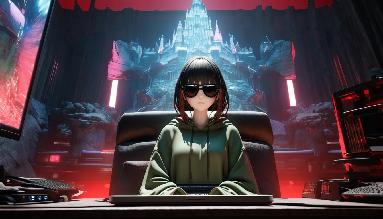 A stunning render illustration of a young, confident woman exuding intelligence and style, a green hoodie wearing a black sunglasses . he is sitting behind his MacBook in his office, . It is night. The room has volumetric red lighting. He is front facing to the camera, looking straight and centered, central portrait, sitting straight, front view, centered looking straight.. he has stylish hair. and he wear a black sunglasses which cover her eyes .cascading down her shoulders. The cozy, intimate background showcases a gaming lover, including a prominent fortress or castle. This vibrant space is a reflection of her unique personality and interests, creating an inviting atmosphere., 3d render, illustration