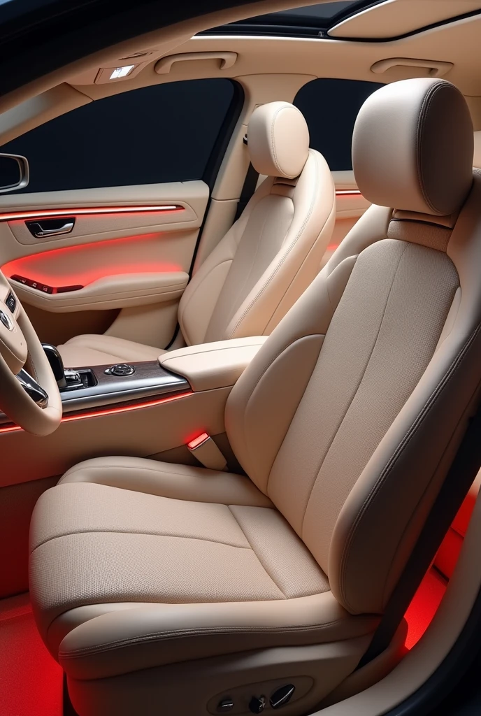 Light Beige car interior, with leather seats and red  led lights 