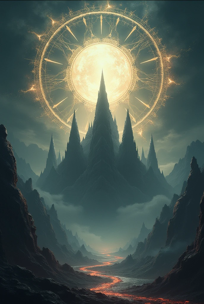 The stress of five peaks inside the circle and in the background the angels of heaven and hell but without anyone in the middle