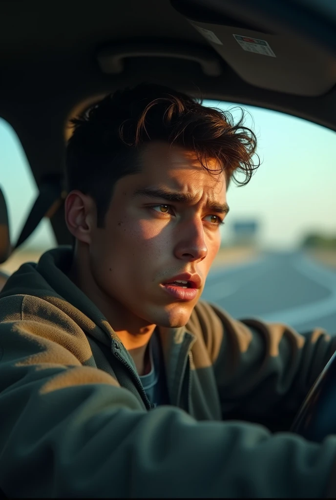 A 20 years old car driver with tension expression on his face.