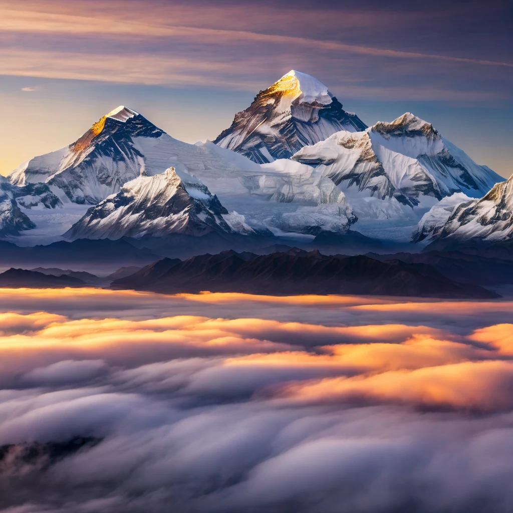 Real photos of Mount Everest in the morning taken by a drone from above, gorgeous, magnificent, natural, powerful ((masterpiece, highest quality, 4K))