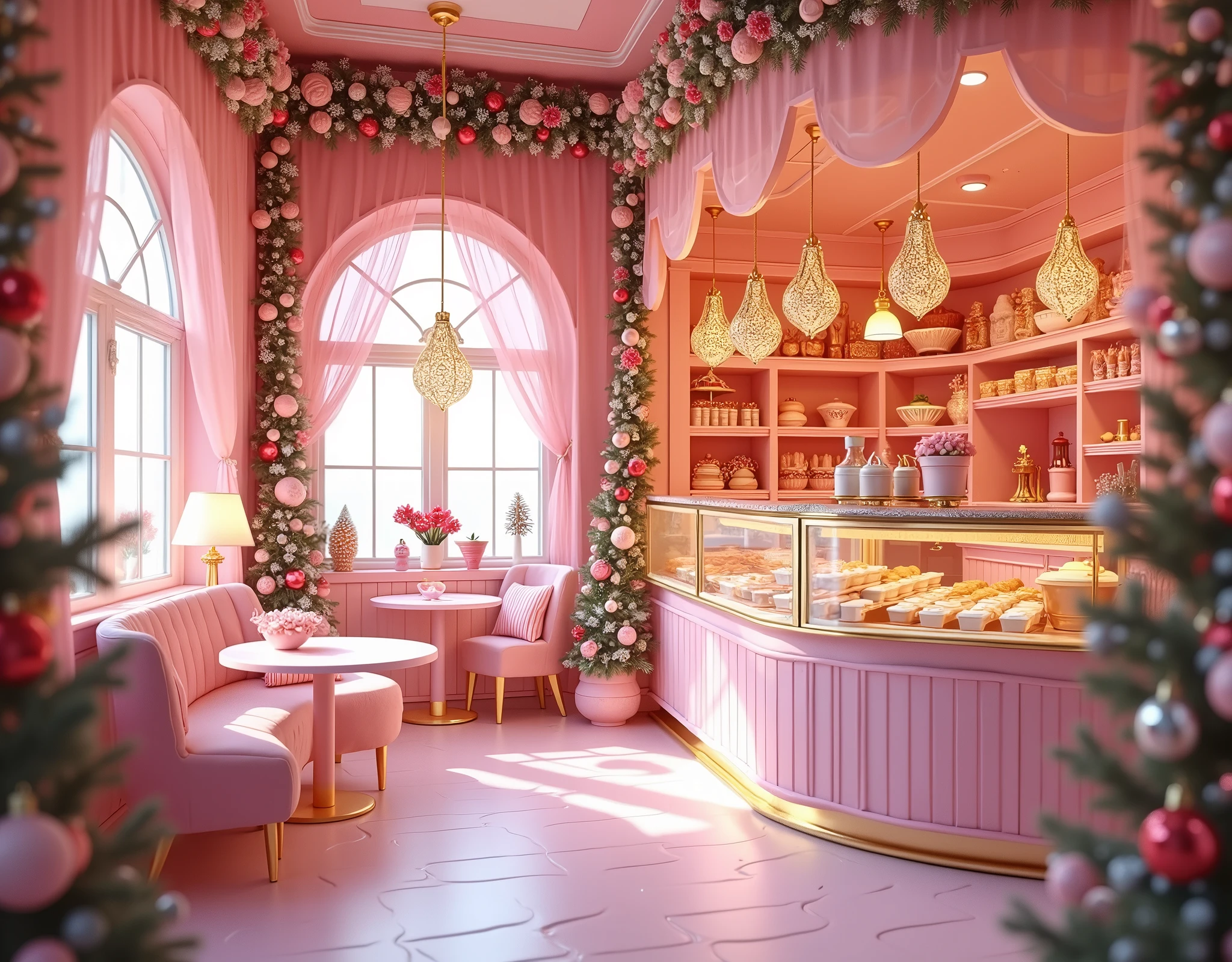 pink and gold christmas decorations and decorations in a pink storefront, brightly lit pink room, with soft pink colors, heaven pink, pink pastel, cute bakery shop, shop front, fantasy bakery, pink studio lighting, festive atmosphere, pastel pink, soft light 4 k in pink, fantasy bakery interior setting, (pink colors), lavishly decorated, holiday season, pink scheme