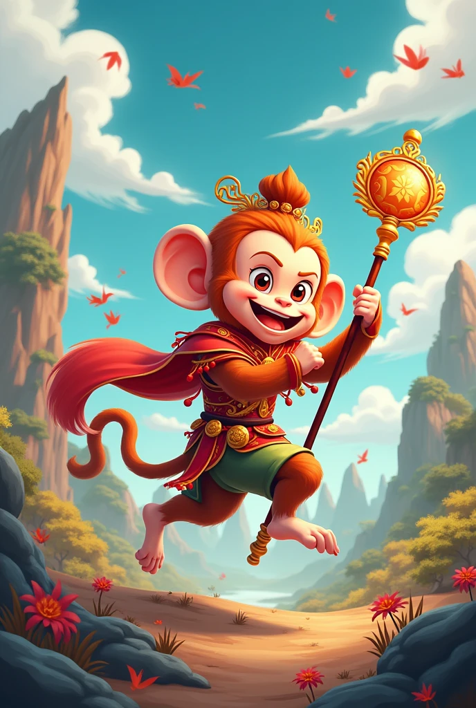 Wukong hold a stick. cartoon stylized 