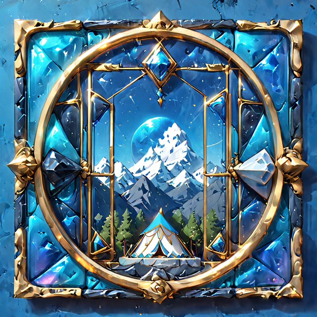 Glamping、symbol、Three-dimensional、Shine、Shine、gold、The background is blue sky、The periphery is a luxurious frame.