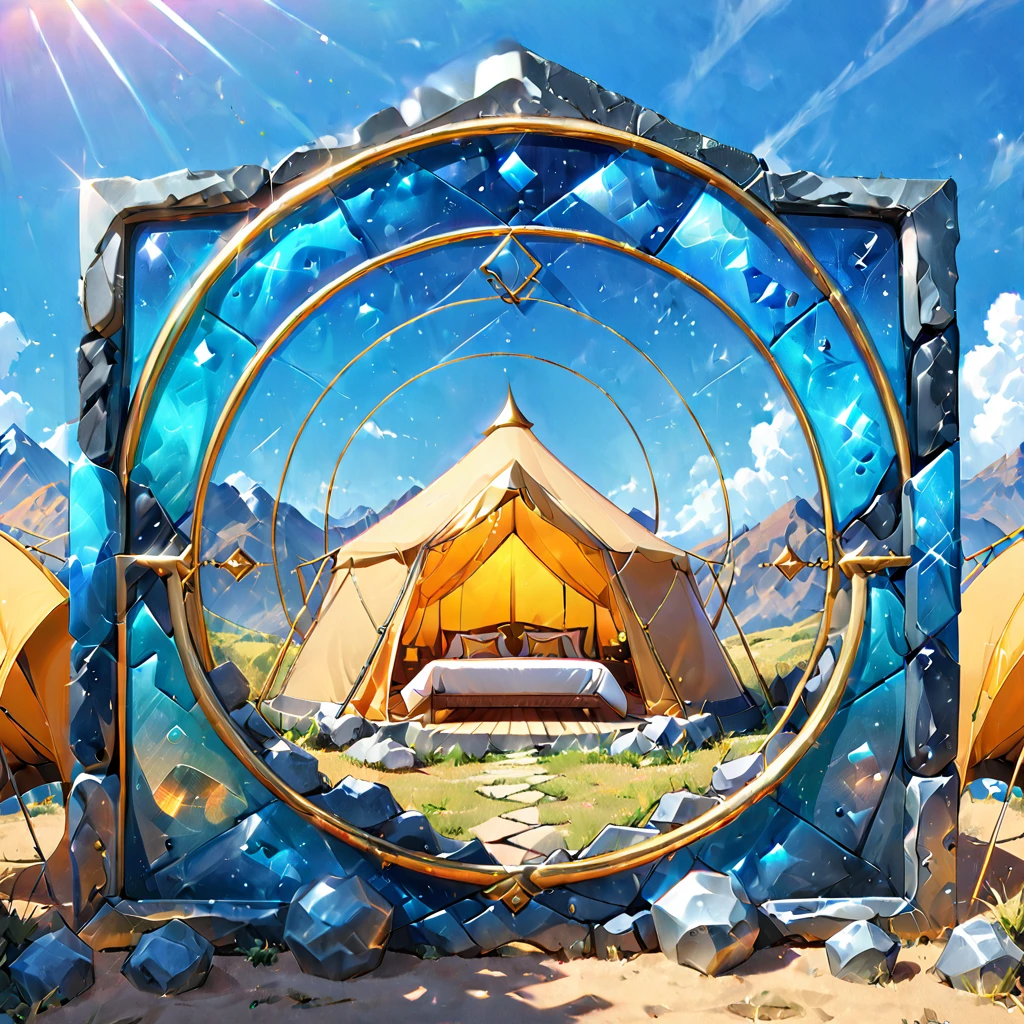 Glamping、symbol、Three-dimensional、Shine、Shine、gold、The background is blue sky、The periphery is a luxurious frame.