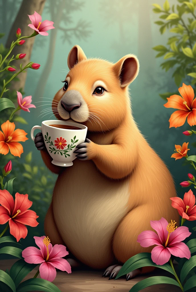 A capybara drinking coffee and flowers around
