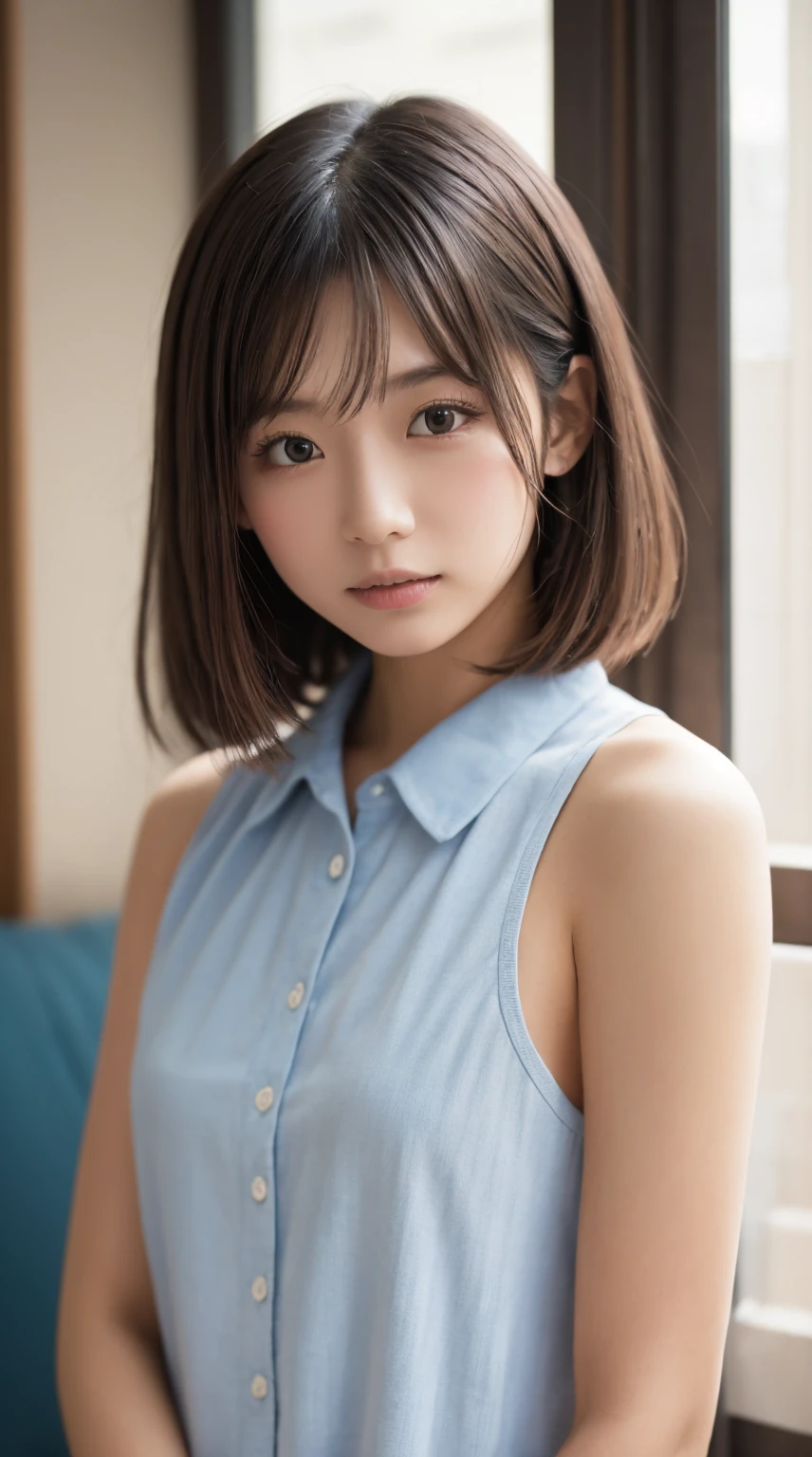 masterpiece, best quality, 8k, raw photo, absurdres, award winning portrait, break, , teenlo, short hair, medium breasts, night, bedroom, idol face, uniform, delicate girl, collared shirt , DSLR, looking at viewer, candid, sophisticated, youthful, thin arms, indoors, Best sexual lighting powered by famous artist, shiny skin, film grain, chromatic aberration, (detailed eyes and face and breasts:1.0), (bokeh:1.1),jav cover,