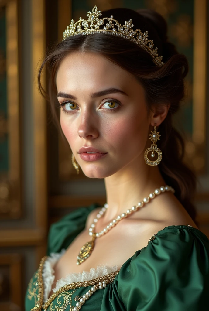 Close up shot , looking at camera , Empire of Austria -Hungary girl, 24 old, (Light brown hair, middle hair , wince, Green eyes, beautiful lip, serious), (Pearl crescent earrings, Pearl and gold neckless, tiara with Dimond ), (big breasts, slender whist, wide hip) ,(Rococo 18the century dress), Green base dress , (Blue Dexter:1.3), decoration medal , in Palace, in Austria, textured skin , HI detailed skin, (foreshortening, Canon, UHD, anatomically correct, super detail, high details, highness, ((latex bikini cotume dress)) satin erotic