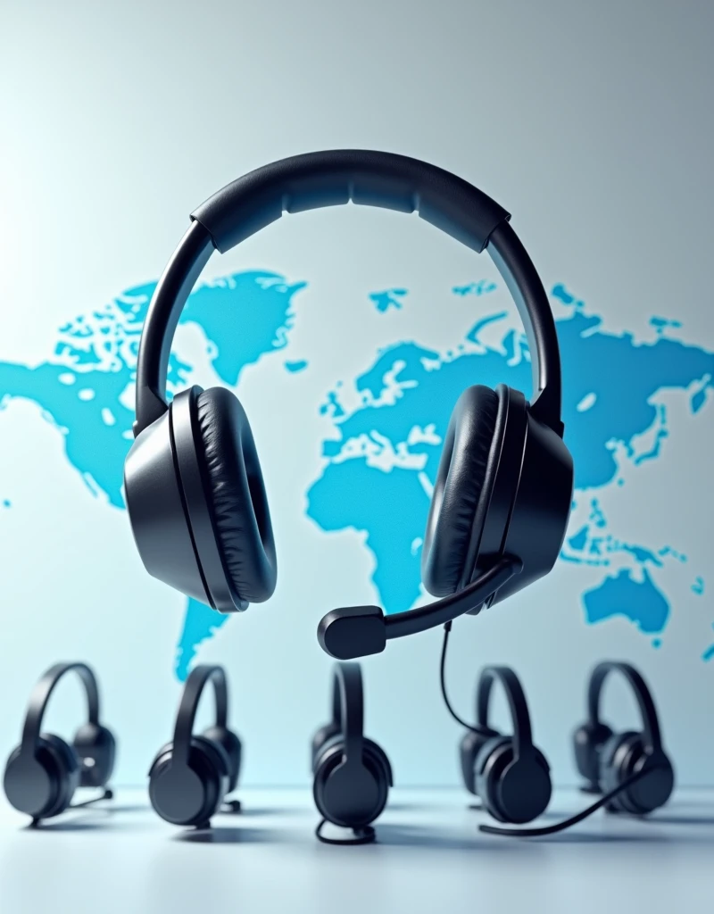 (photorealism:1.2), Premier Contact Solutions logo with Headset and a world with Headsets placed below the company name which is Premier Contact Solutions
