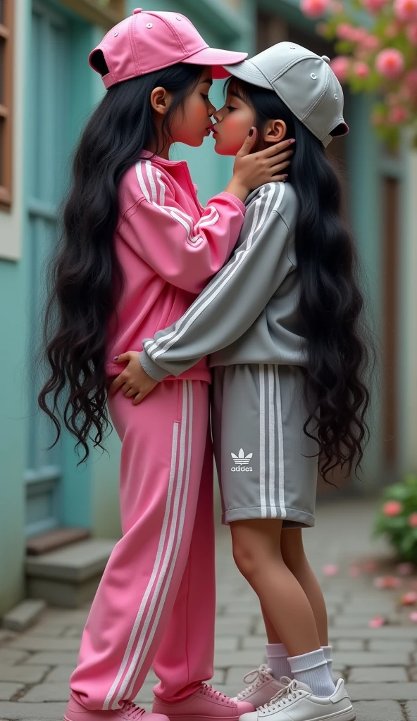 Two girls long black hairs, yuri, girl love.

The first girl wear a pink adidas pants, pink adidas cap, white socks, white adidas sneakers.

The second girl wear a grey adidas pants, grey adidas cap, white socks, white adidas sneakers.

French kiss, lesbian kiss, hugging, sensual body, closed eyes, novel cartoon, 4K, HD