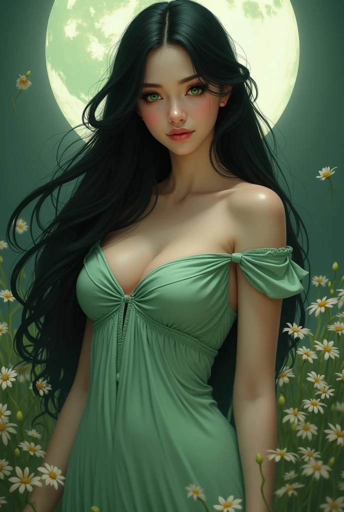 Under her long dark eyebrows are a pair of beautiful eyes as green as spring water.,That tender look seems to tell a thousand thoughts。Three thousand strands of black hair fell to the waist like a waterfall,A light green dress outlines her plump and graceful body,The full and round peaks on the chest and the slender and well-proportioned calves under the skirt make people dry their mouths。That woman can make all flowers pale in comparison with just a smile,Moon hidden clouds。