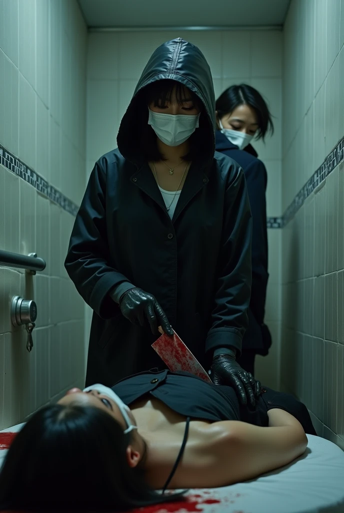 korean girl, (behind stiff, holding knife), surgical mask, black leather gloves, bath room, black raincoat, hood up, holding knife, leather gloves, woman on top, behind cadaver, looking at viewer, blood splatter, night, mass murderer, killer, short hair, blood splatter, tripod and camera in the back, shooting with camera