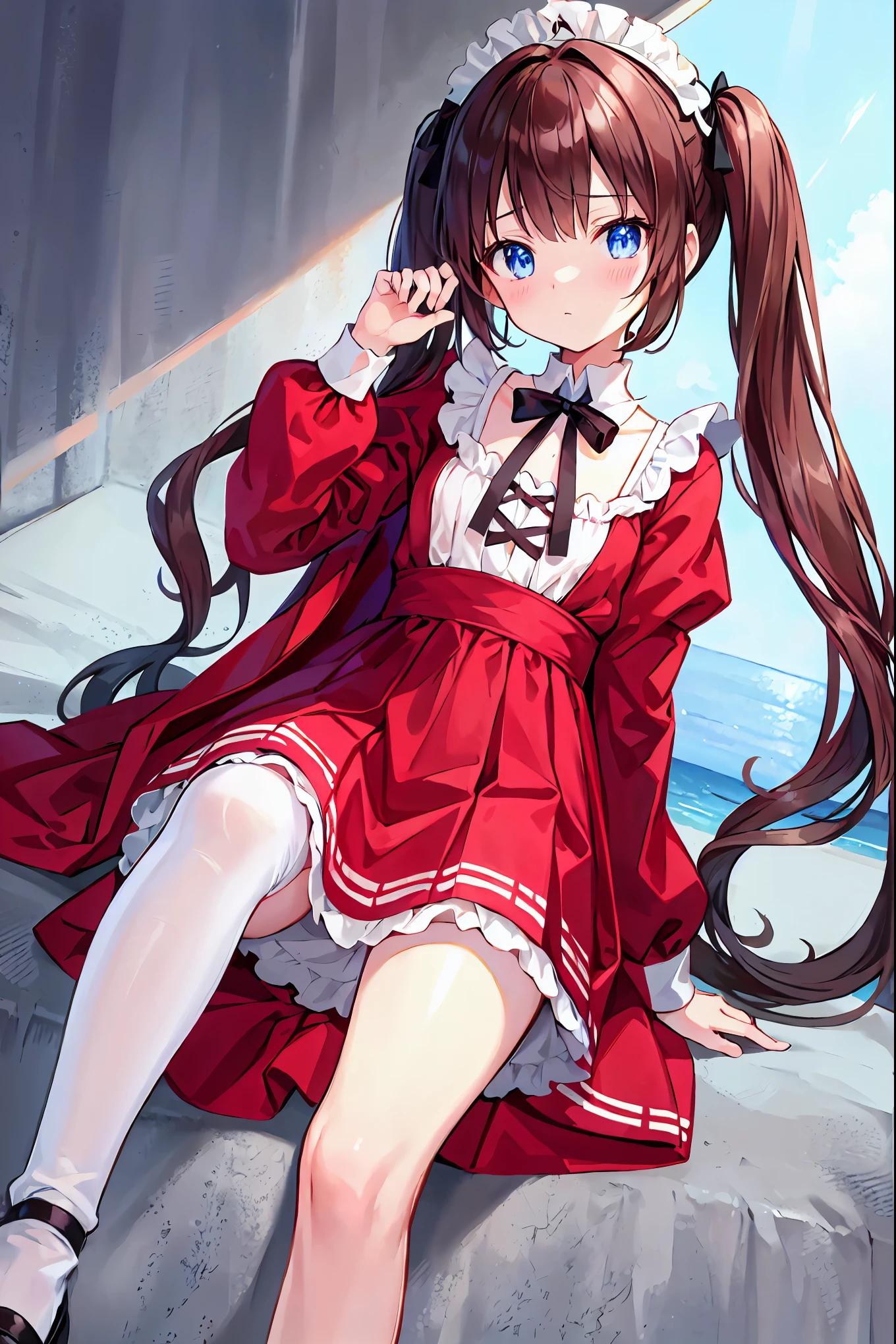 Brown Hair,blue eyes,Twin tails,maid, Long Hair, Long sleeve, Red dress，Gothic, alone, ,Short skirt, White Stockings,{{Highest quality}}, {{masterpiece}}, {{Very detailed}}, {figure}, {Detailed light}, {Very delicate and beautiful},,cute，Shortcuts，Messy Hair，Slender beauty，Small chest，Beautiful feet，blush