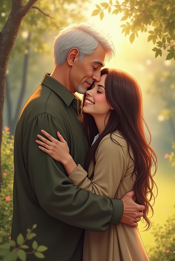 An elderly man embracing a young woman from behind in a tender and affectionate manner. The elderly man has white hair and a gentle expression, showing love and warmth. The young woman, with long hair, smiles softly, radiating a sense of comfort and security. The background is a serene outdoor setting with soft natural light, enhancing the emotional connection between them.