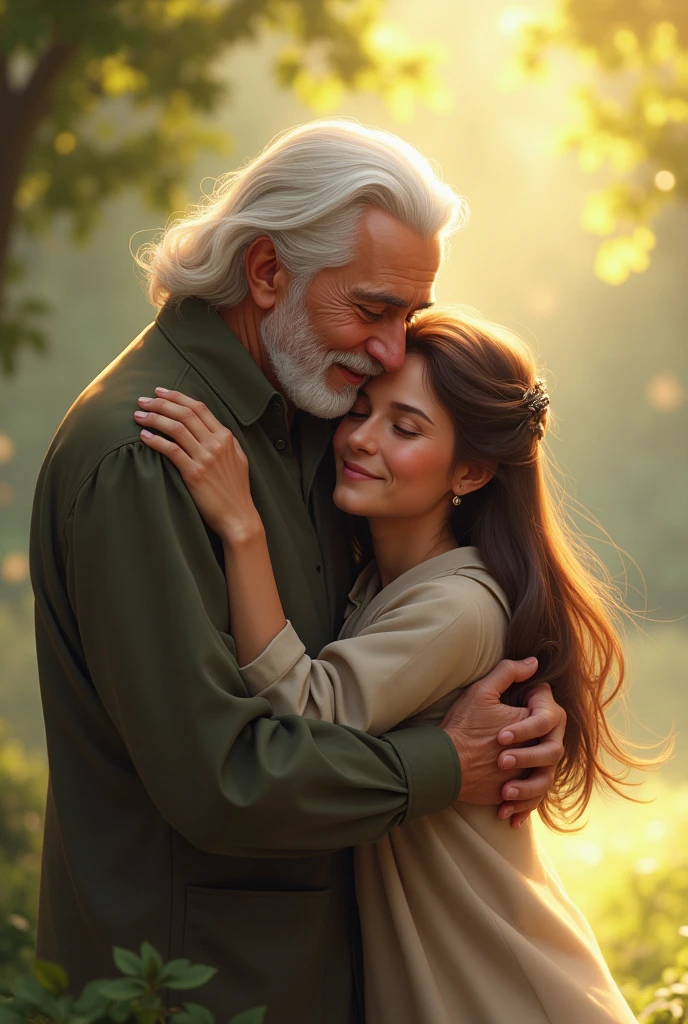 An elderly man embracing a young woman from behind in a tender and affectionate manner. The elderly man has white hair and a gentle expression, showing love and warmth. The young woman, with long hair, smiles softly, radiating a sense of comfort and security. The background is a serene outdoor setting with soft natural light, enhancing the emotional connection between them.