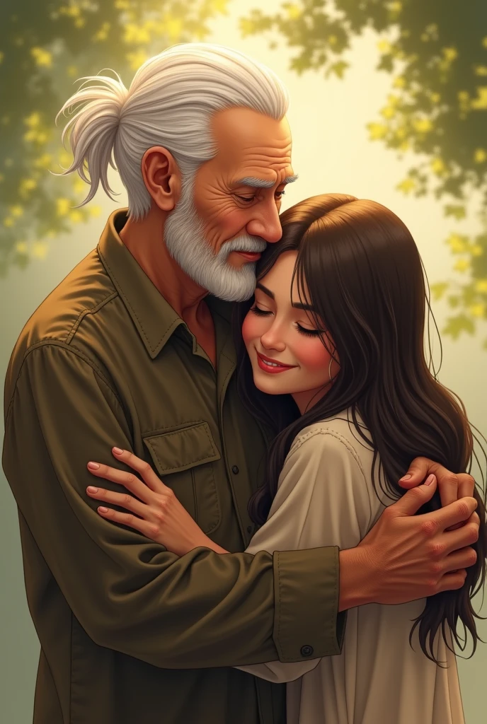 An elderly man embracing a young woman from behind in a tender and affectionate manner. The elderly man has white hair and a gentle expression, showing love and warmth. The young woman, with long hair, smiles softly, radiating a sense of comfort and security. The background is a serene outdoor setting with soft natural light, enhancing the emotional connection between them.