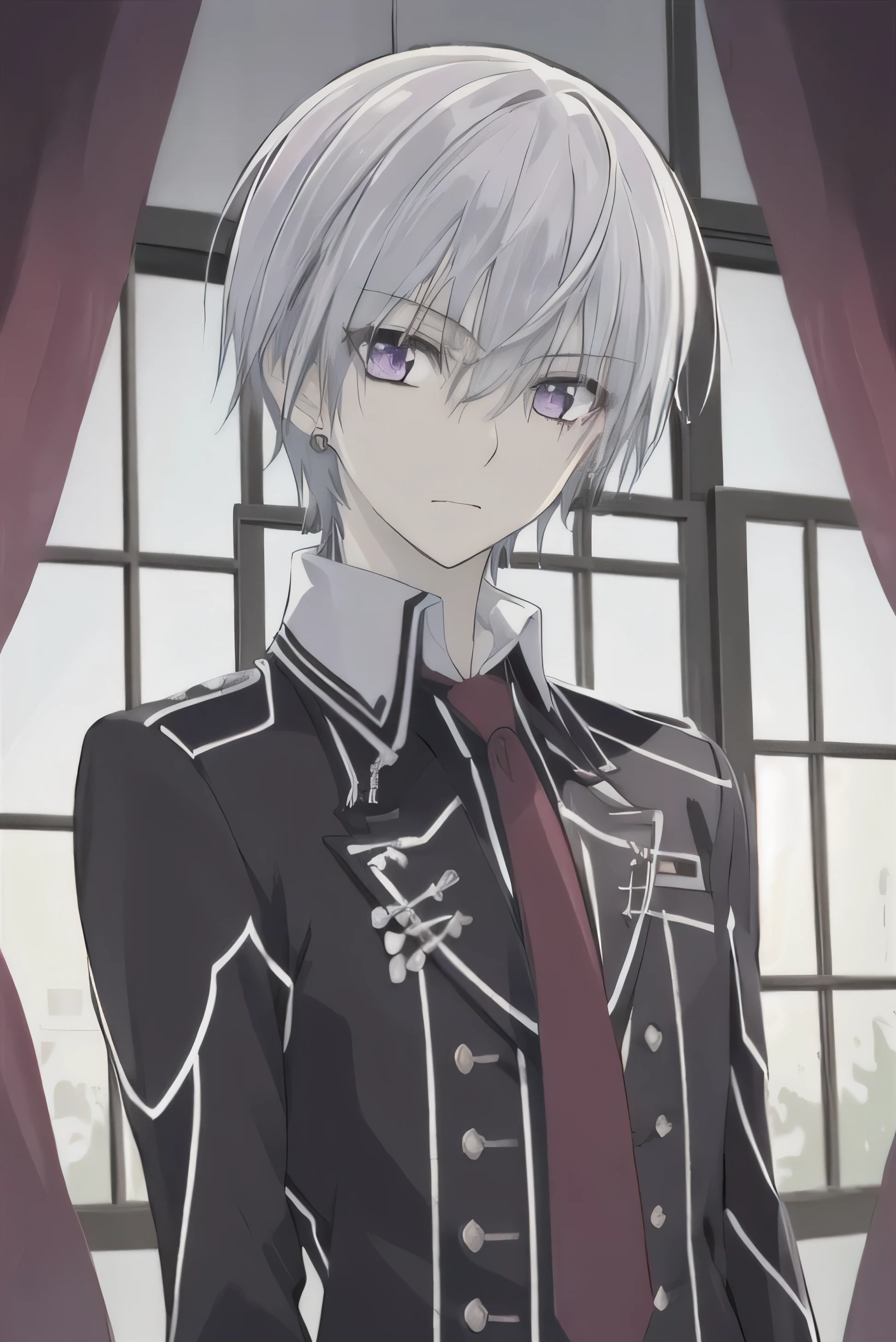 (absurdres, highres, ultra detailed, HDR), masterpiece, best quality, 1boy, solo, male focus, looking at viewer, upper body, depth of field, anime coloring, , zero_kiryuu, grey hair, purple eyes, finely eye and detailed face, window, purple curtains, black uniform, vampire knight, arms behind back, solid crimson background,