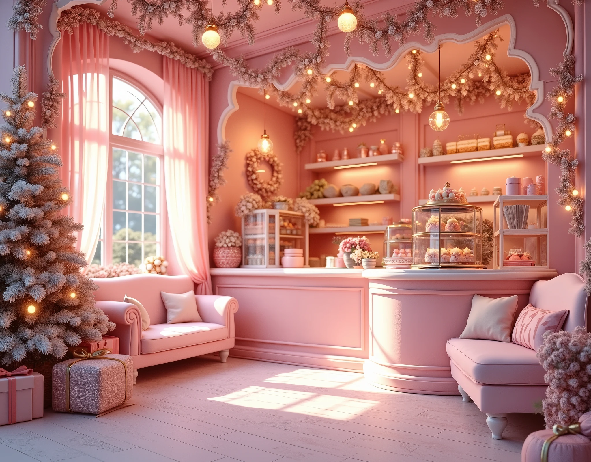 pink and gold christmas decorations and decorations in a pink storefront, brightly lit pink room, with soft pink colors, heaven pink, pink pastel, cute bakery shop, shop front, fantasy bakery, pink studio lighting, festive atmosphere, pastel pink, soft light 4 k in pink, fantasy bakery interior setting, (pink colors), lavishly decorated, holiday season, pink scheme
