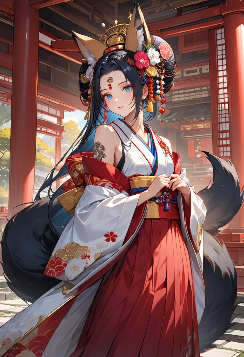 Ink painting, (((1 girl))), (((Tattoo in the middle of the forehead))),(((In the background is the Akatsuki moon))), (((Oiran))), (((Great hair accessories))), Demon possession, ((Masterpiece:1.2)), ((Highest quality)), Extremely detailed and delicate illustration style, Detailed leather texture, Detailed canvas texture, Very detailed description, (Masterpiece T), Extremely beautiful illustration, Highly detailed face, Raw image, professional, Ultra-high resolution panel, Complex details, Superior detail, Intricate decoration details, Perfect anatomy, real, (Very beautiful and cute golden fox woman or girl with blue eyes wearing a kimono), ((Beautiful black fox ears)), (Beautiful black fox tail), (Beautiful and shiny black hair), (Beautiful and clear blue eyes), (Beautiful detailed eyes:1.6), ((Japanese temple priestess style: 1.7)), (Traditional tailored outfit), Front view, White flower kimono, Long red hakama skirt, A maxi skirt, Modestly dressed, He smiles, ((Standing and looking at me)), ((The day)), (Extremely detailed and beautiful Japanese temple construction), (8K Highest quality wallpaper), (Extremely detailed and delicate background)