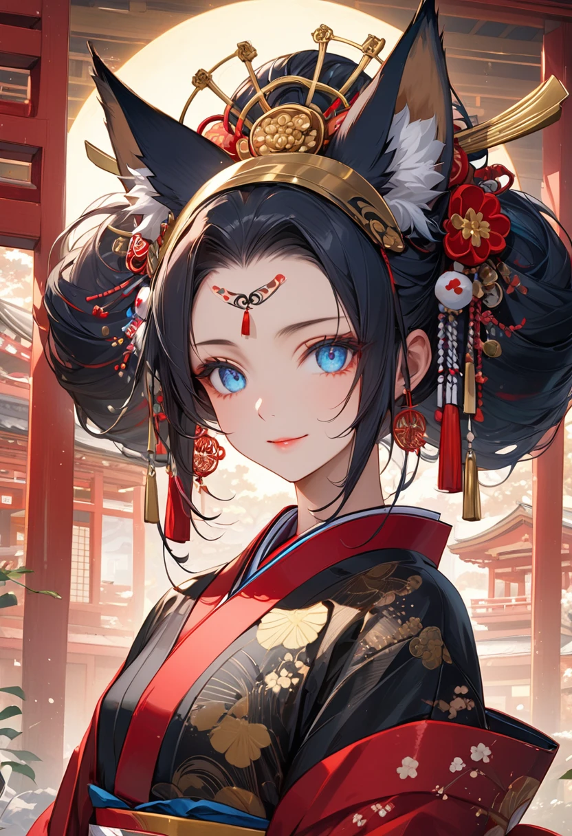 Ink painting, (((1 girl))), (((Tattoo in the middle of the forehead))),(((In the background is the Akatsuki moon))), (((Oiran))), (((Great hair accessories))), Demon possession, ((Masterpiece:1.2)), ((Highest quality)), Extremely detailed and delicate illustration style, Detailed leather texture, Detailed canvas texture, Very detailed description, (Masterpiece T), Extremely beautiful illustration, Highly detailed face, Raw image, professional, Ultra-high resolution panel, Complex details, Superior detail, Intricate decoration details, Perfect anatomy, real, (Very beautiful and cute golden fox woman or girl with blue eyes wearing a kimono), ((Beautiful black fox ears)), (Beautiful black fox tail), (Beautiful and shiny black hair), (Beautiful and clear blue eyes), (Beautiful detailed eyes:1.6), ((Japanese temple priestess style: 1.7)), (Traditional tailored outfit), Front view, White flower kimono, Long red hakama skirt, A maxi skirt, Modestly dressed, He smiles, ((Standing and looking at me)), ((The day)), (Extremely detailed and beautiful Japanese temple construction), (8K Highest quality wallpaper), (Extremely detailed and delicate background)
