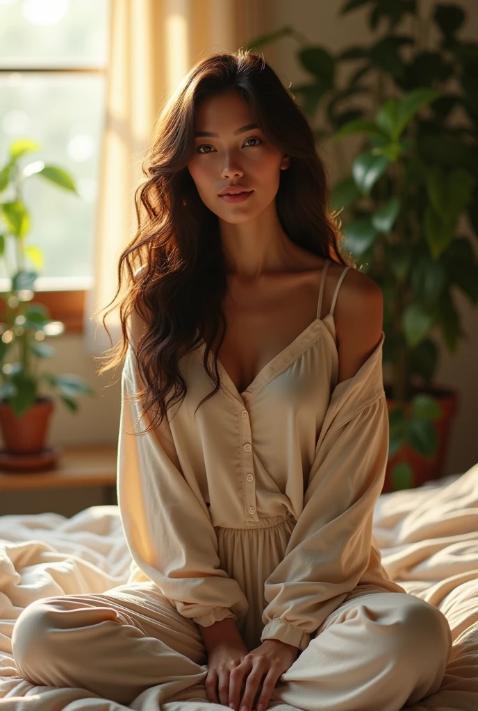 (photorealism:1.2), beautiful woman, sitting on bed, wearing loose off-shoulder top, pajama pants, long curly hair, indoors, soft lighting, plants in background, window with sunlight, cozy room, relaxed pose, realistic, intricate details, warm colors, by Greg Rutkowski, by Alphonse Mucha
