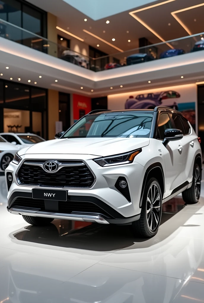 A luxurious showroom showcasing a brand-new Toyota SUV in white, with a sleek and modern design. The vehicle features a bold chrome grille, LED headlights, and large alloy wheels with stylish rims. The showroom has a bright and upscale atmosphere, with high ceilings, reflective floors, and elegant lighting. The background includes other premium cars and automotive accessories displayed on the walls, enhancing the high-end appeal. The overall scene conveys a sense of luxury and sophistication, with the Toyota SUV as the centerpiece.