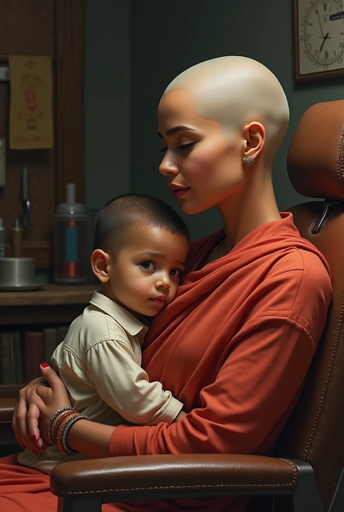 Beautiful bald head indian mother, sitting in a barber chair, her son sitting in her lap,realistic