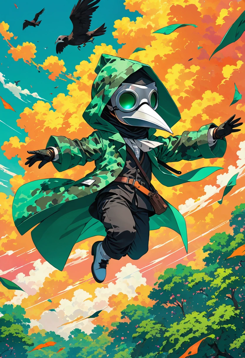 (masterpiece, best quality:1.1), (ultra highres, ultra-detailed:1.2),pop-art style,flatcolor, (he floating in air,sky high,and using wind magic),(in windy forest), BREAK chibi-boy,((wearing plague-doctor costume,plague-doctor mask)),eyes glow green,green hood,green camouflage pattern lab-coat, mecha arm,dynamic action,dynamic pose,floating,flying in the air,