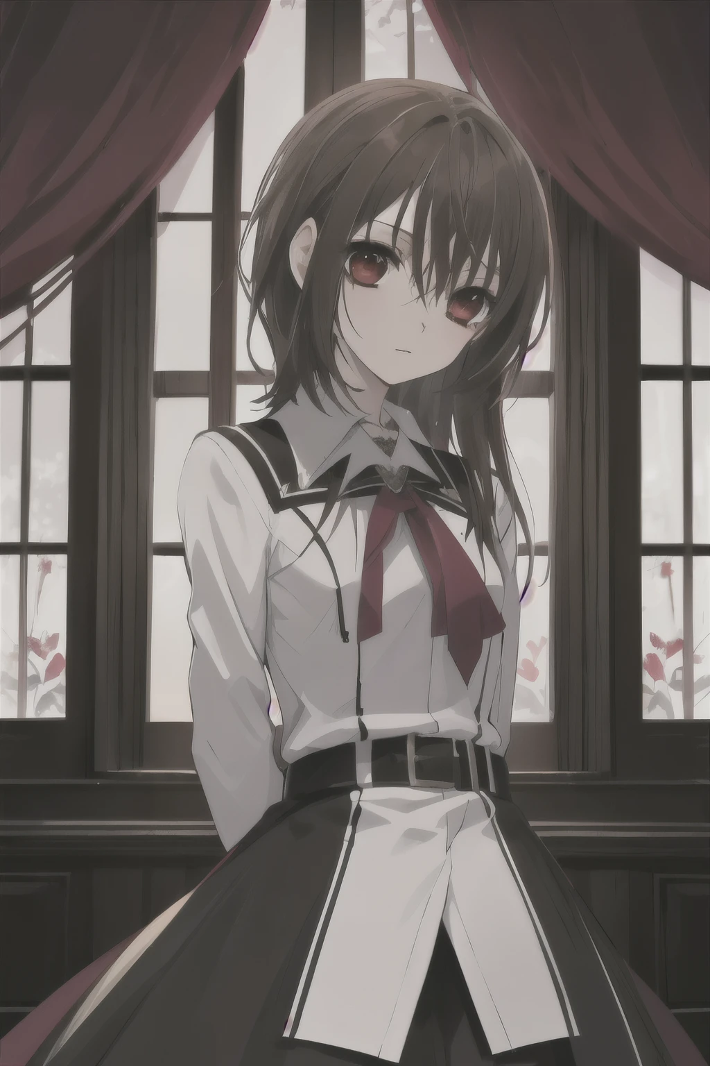 (absurdres, highres, ultra detailed, HDR), masterpiece, best quality, Yuki Cross, 1woman, solo, beautiful, (long brown hair), vibrant red eyes, finely eye and detailed face, window, red curtains, black uniform, vampire knight, arms behind back, solid crimson background,