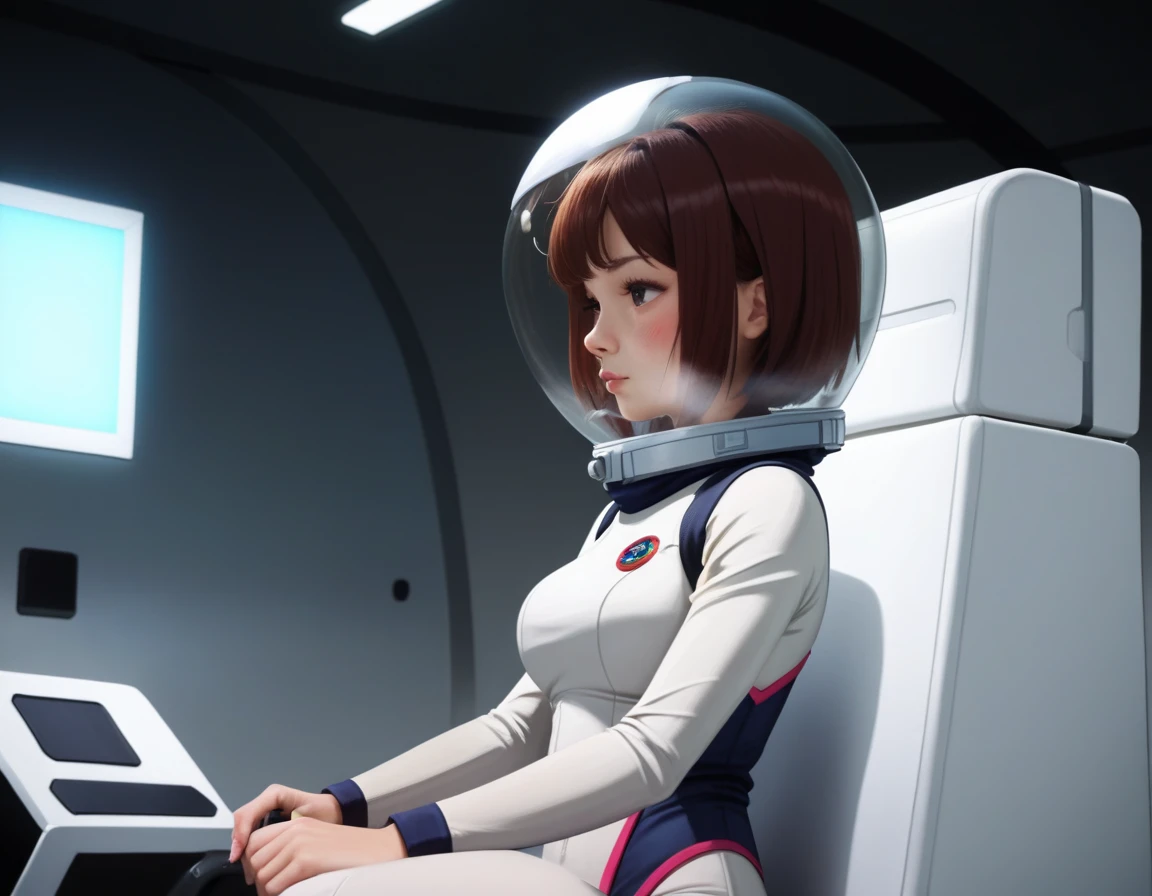 (space suit:1.15), white cargo pants, space helmet , , Inside the house, work of art, best qualityer, 1 girl, standing alone, shorth hair, , , shivering, HARD TO BREATH,, , May, from sideways, Light , bubble helmet, shorth hair, inside (cabine) of a (futuristic spaceship:1.6), , blush,seated in a chair, covered navel, shorth hair