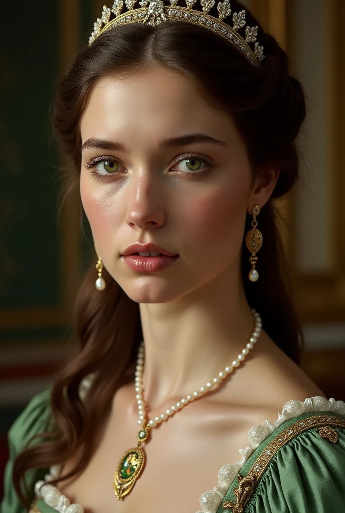 Close up shot , looking at camera , Empire of Austria -Hungary girl, 24 old, (Light brown hair, middle hair , wince, Green eyes, beautiful lip, serious), (Pearl crescent earrings, Pearl and gold neckless, tiara with Dimond ), (big breasts, slender whist, wide hip) ,(Rococo 18the century dress), Green base dress , (Blue Dexter:1.3), decoration medal , in Palace, in Austria, textured skin , HI detailed skin, (foreshortening, Canon, UHD, anatomically correct, super detail, high details, highness, Pointillism, masterpiece,best quality, ultra realistic,32k,RAW photo,detail skin, 8k uhd, dslr,high quality, film grain,Shag hair, arm warmers, (girl, bare shoulders, sexy:1.1) , cinematic shot, studio lighting