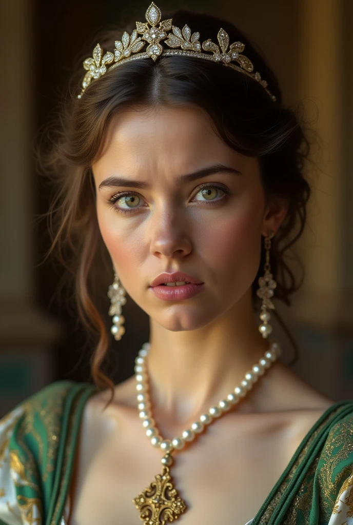 Close up shot , looking at camera , Empire of Austria -Hungary girl, 24 old, (Light brown hair, middle hair , wince, Green eyes, beautiful lip, serious), (Pearl crescent earrings, Pearl and gold neckless, tiara with Dimond ), (big breasts, slender whist, wide hip) ,(Rococo 18the century dress), Green base dress , (Blue Dexter:1.3), decoration medal , in Palace, in Austria, textured skin , HI detailed skin, (foreshortening, Canon, UHD, anatomically correct, super detail, high details, highness, Pointillism, masterpiece,best quality, ultra realistic,32k,RAW photo,detail skin, 8k uhd, dslr,high quality, film grain,Shag hair, arm warmers, (girl, bare shoulders, sexy:1.1) , cinematic shot, studio lighting